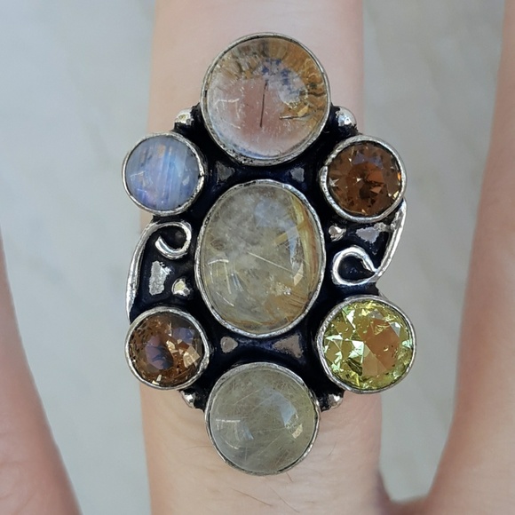 New Golden Rutile, Citrine, Smoky Topaz & Rainbow Moonstone 925 Silver Ring. - Picture 6 of 8